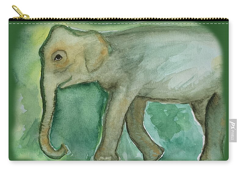 Elephant Carry-all Pouch featuring the painting Walking Elephant Healing Green by Sandy Rakowitz