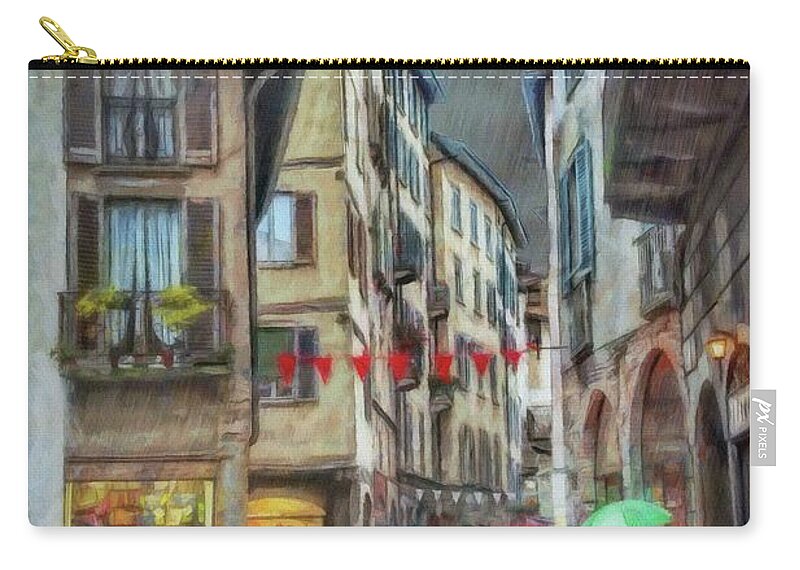 Unesco Zip Pouch featuring the painting Walking in the Rain - Bergamo by Jeffrey Kolker