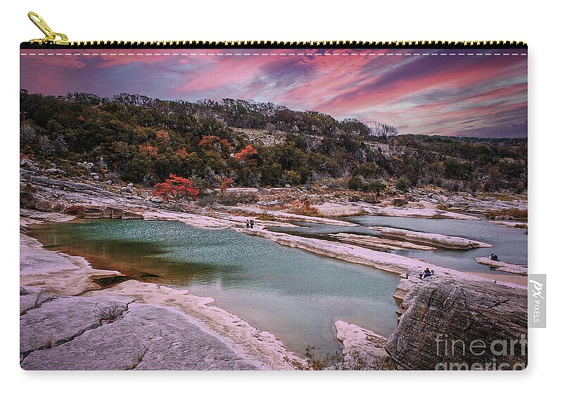 Sunset Zip Pouch featuring the photograph Wandering Strange Rivers Under Strange Skies by Susan Vineyard