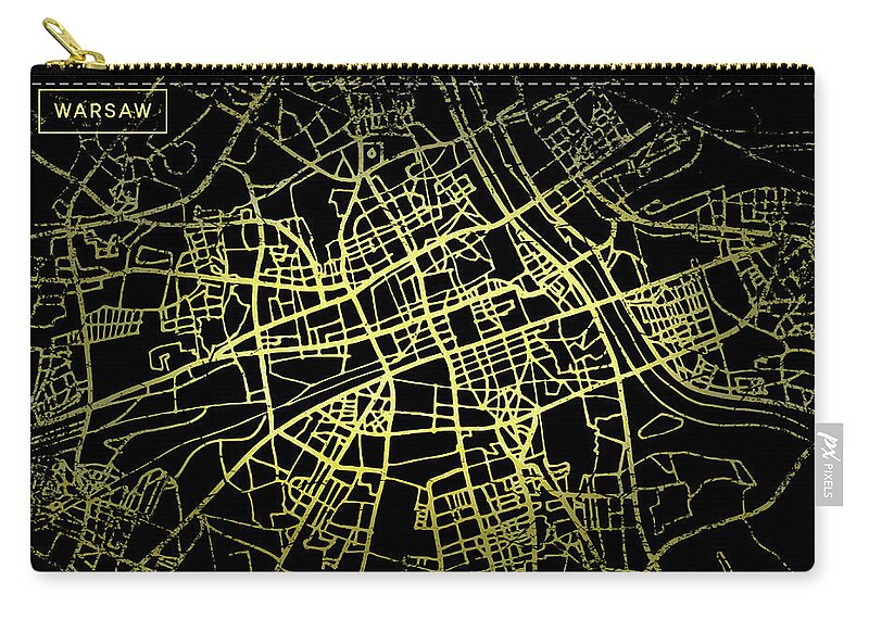 Map Carry-all Pouch featuring the digital art Warsaw Map in Gold and Black by Sambel Pedes