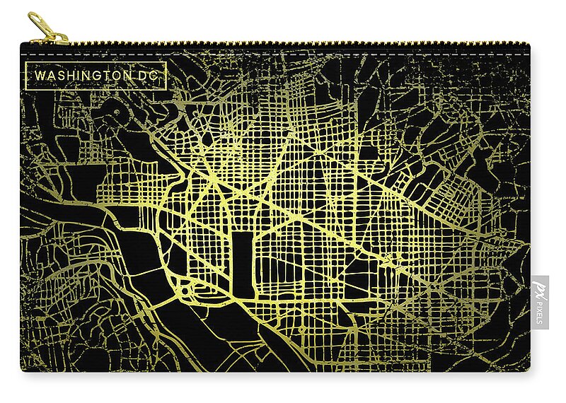 Map Zip Pouch featuring the digital art Washington DC Map in Gold and Black by Sambel Pedes