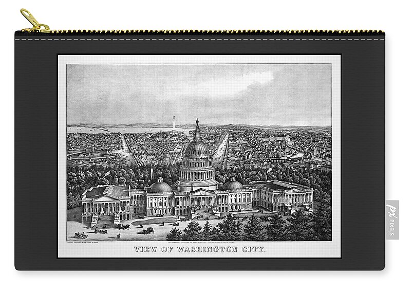 Washington Dc Zip Pouch featuring the photograph Washington DC Vintage Perspective Map 1871 Black and White by Carol Japp