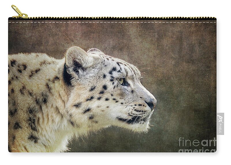 Animal Zip Pouch featuring the photograph Watchful and alert adult snow leopard, Panthera uncia, side prof by Jane Rix