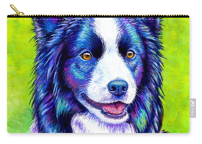 Border Collie Carry-all Pouch featuring the painting Watchful Eye - Colorful Border Collie Dog by Rebecca Wang