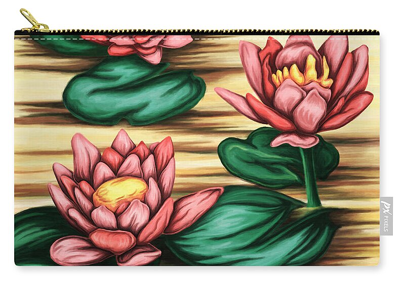 Water Lilies Zip Pouch featuring the painting Water lilies painting, bright lotus by Nadia CHEVREL