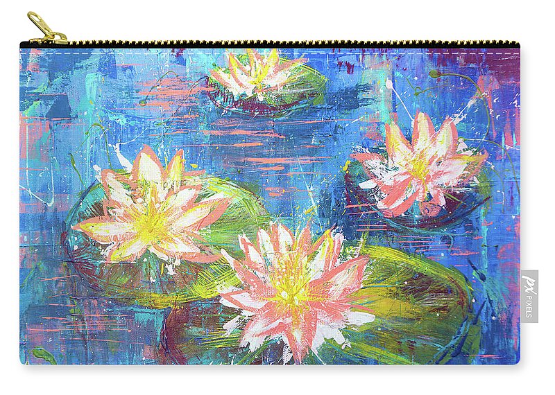 Water Zip Pouch featuring the painting Water Lily Pink Floral Water Garden by Joanne Herrmann