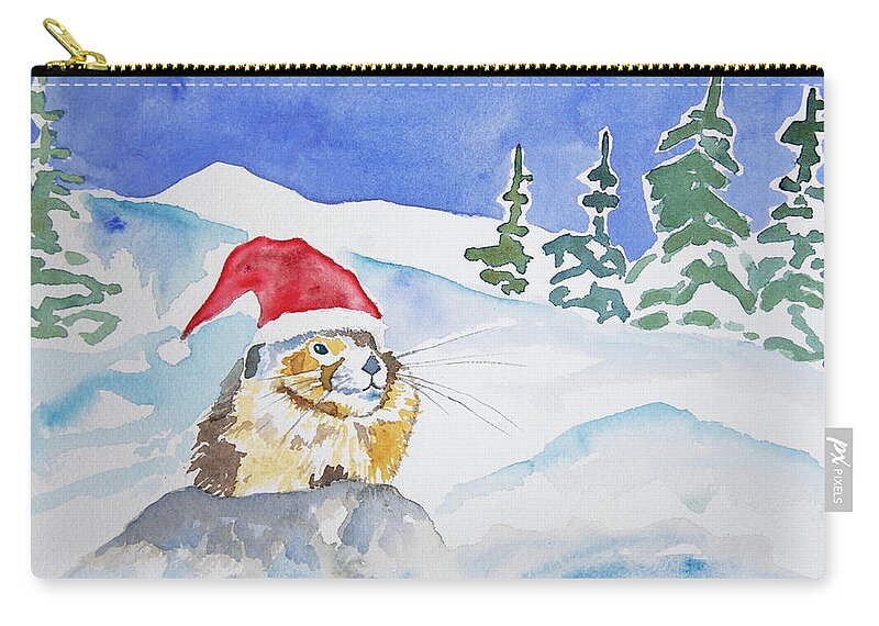 Pika Zip Pouch featuring the painting Watercolor - A Pika Christmas by Cascade Colors