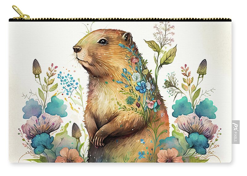 Groundhog Zip Pouch featuring the digital art Watercolor Animal 30 Cute Groundhog by Matthias Hauser
