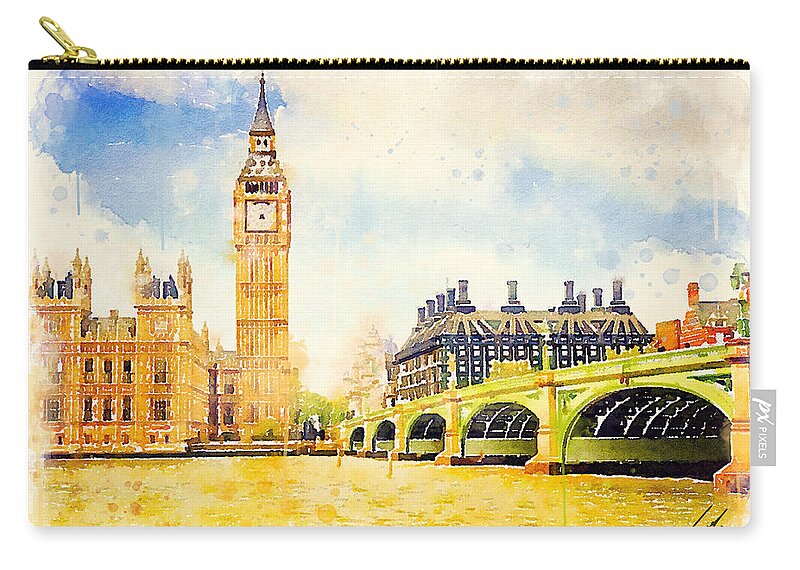 Watercolor Zip Pouch featuring the painting Watercolor Big Ben, London by Vart. by Vart Studio