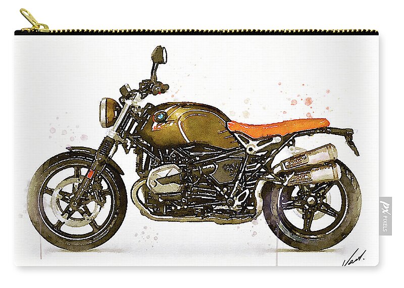 Motorbike Paitning Carry-all Pouch featuring the painting Watercolor BMW NineT SCRAMBLER motorcycle - oryginal artwork by Vart. by Vart