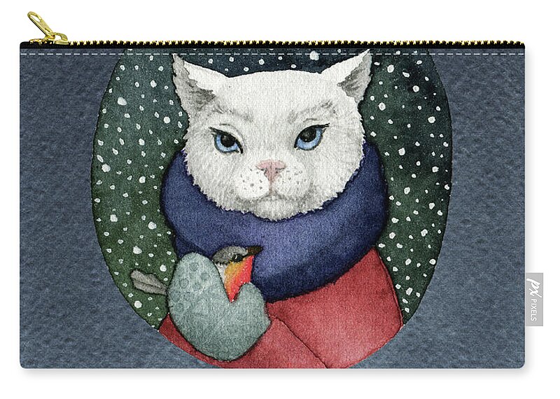Cat Zip Pouch featuring the painting Watercolor Cat Winter Christmas Holiday by Modern Art