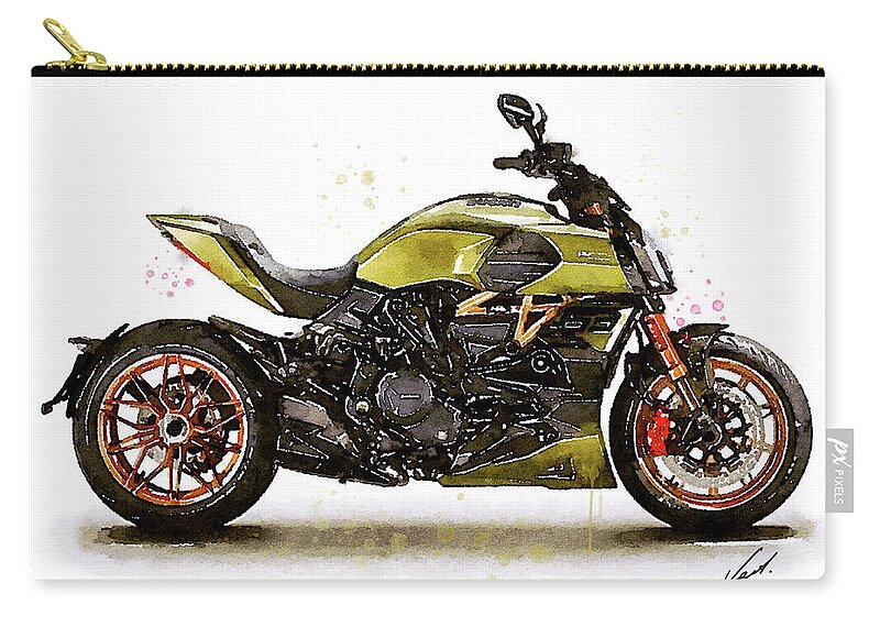Motorcycle Carry-all Pouch featuring the painting Watercolor Ducati Diavel Lamborghini motorcycle - oryginal artwork by Vart. by Vart