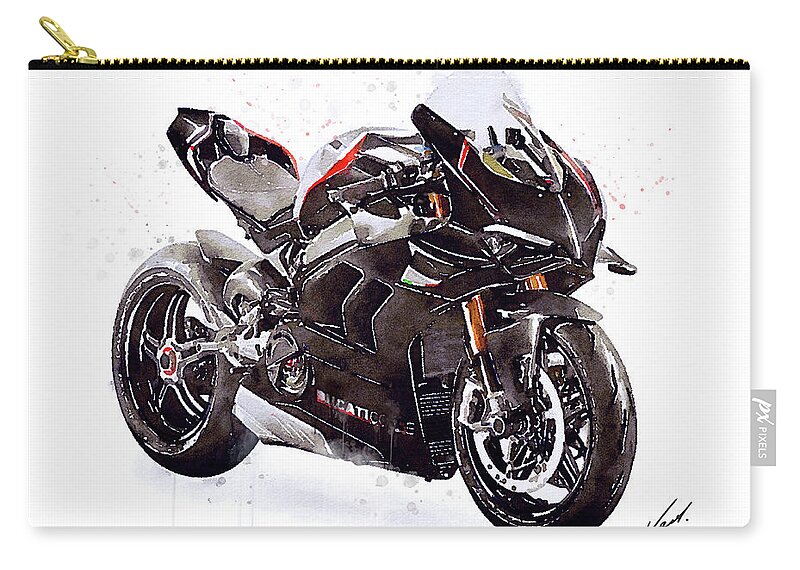 Sport Carry-all Pouch featuring the painting Watercolor Ducati Panigale V4SP 2022 motorcycle, oryginal artwork by Vart. by Vart Studio