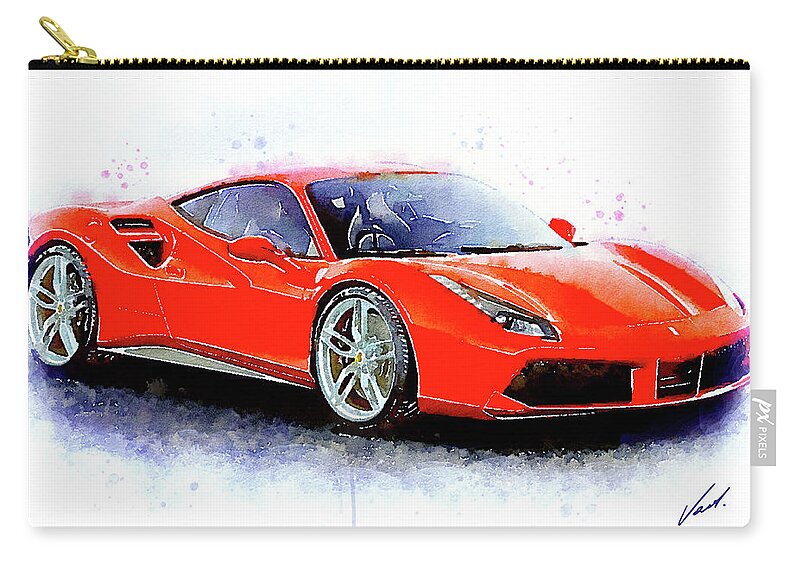 Watercolor Carry-all Pouch featuring the painting Watercolor Ferrari 488 GTB - oryginal artwork by Vart by Vart