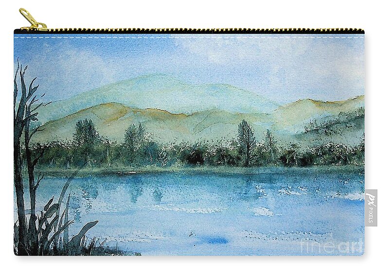 Watercolor Zip Pouch featuring the painting Watercolor Landscape river and mountains by Valerie Shaffer