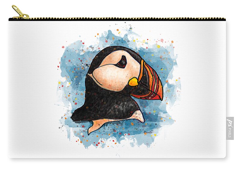 Watercolor Zip Pouch featuring the painting Watercolor puffin splatter art, Puffin head by Nadia CHEVREL