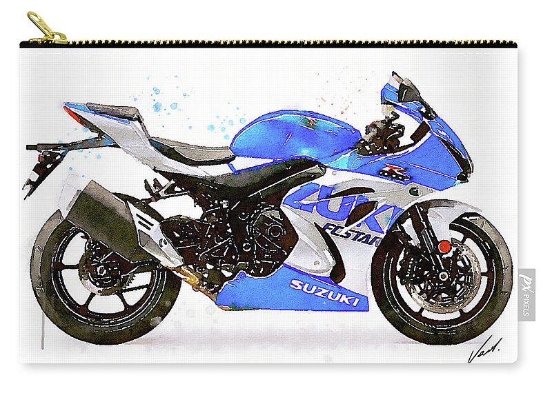 Sport Carry-all Pouch featuring the painting Watercolor Suzuki GSX-R 1000 motorcycle - oryginal artwork by Vart. by Vart Studio