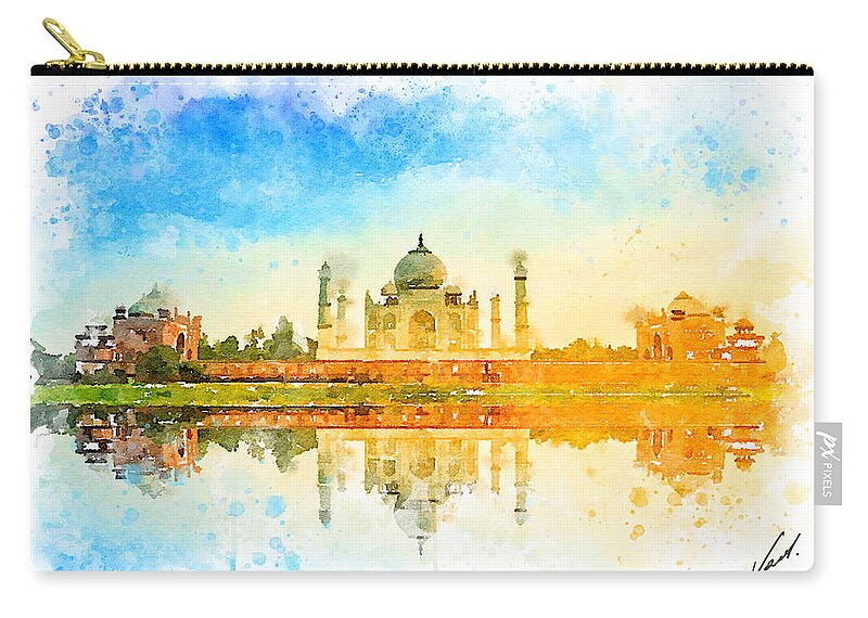 Watercolor Carry-all Pouch featuring the painting Watercolor Tajmahal, India by Vart by Vart Studio