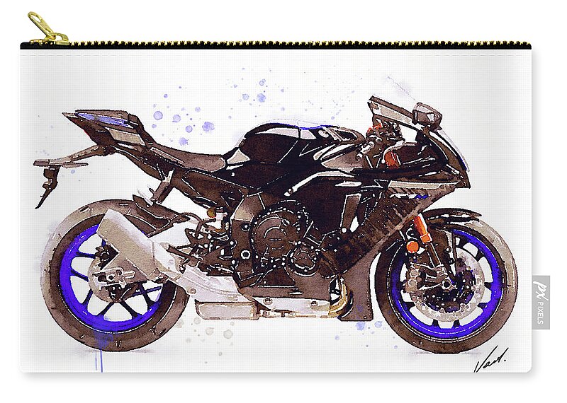 Sport Carry-all Pouch featuring the painting Watercolor Yamaha R1M motorcycle - oryginal artwork by Vart. by Vart Studio