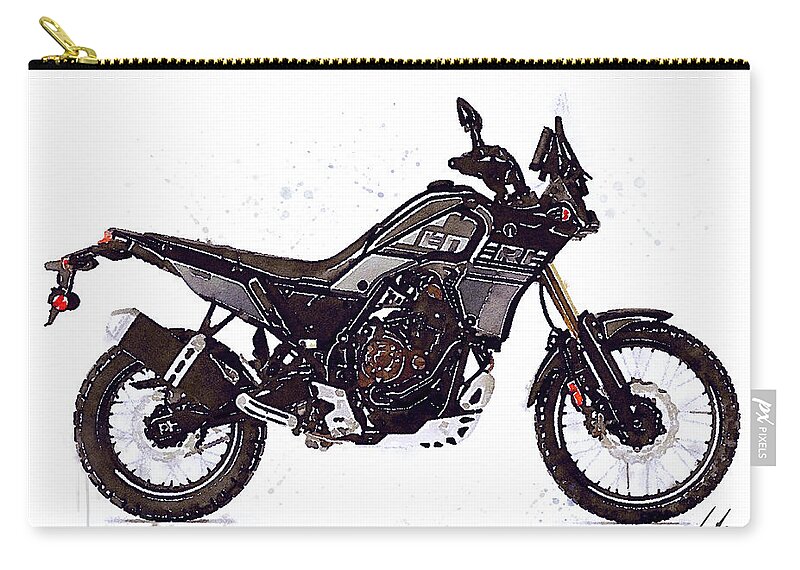 Adventure Carry-all Pouch featuring the painting Watercolor Yamaha Tenere 700 black motorcycle - oryginal artwork by Vart. by Vart Studio