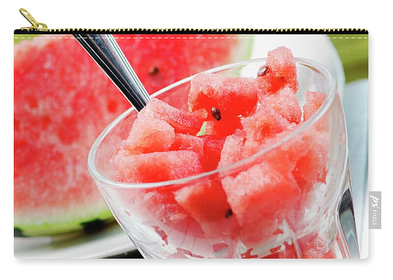 Watermelon Zip Pouch featuring the photograph Watermelon slice and melon sweet dessert smoothie on white table by Jelena Jovanovic
