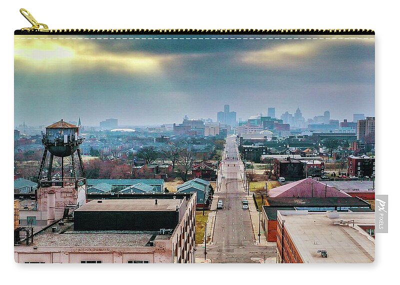 Detroit Zip Pouch featuring the photograph Watertower Skyline V2 DJI_0690 by Michael Thomas