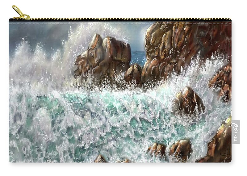 Wave Zip Pouch featuring the digital art Waves and Rocks by Darren Cannell