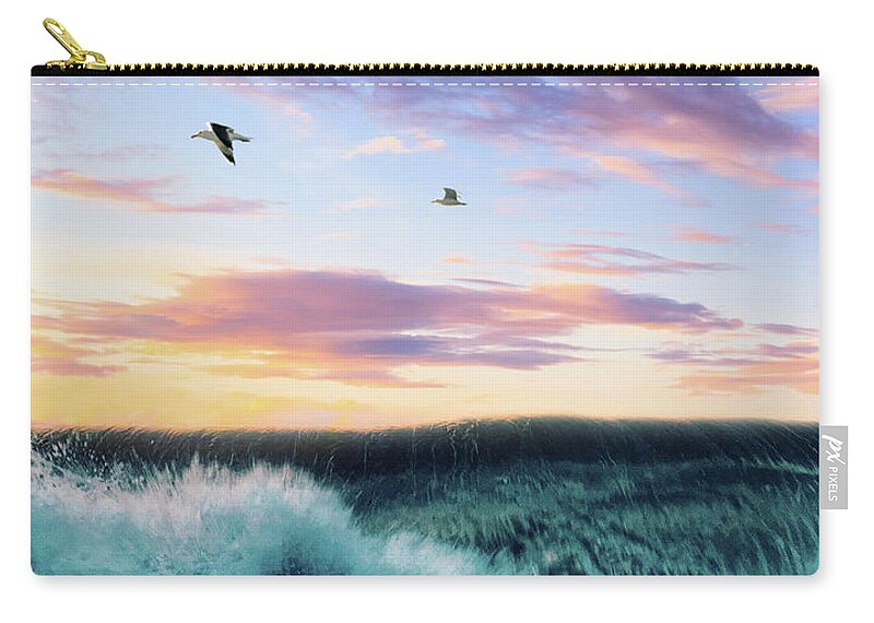 Seagulls Carry-all Pouch featuring the digital art Waves Crashing At Sunset by Phil Perkins