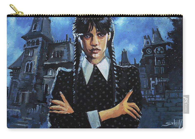 Addams Family Zip Pouch featuring the painting Wednesday Addams by Sv Bell
