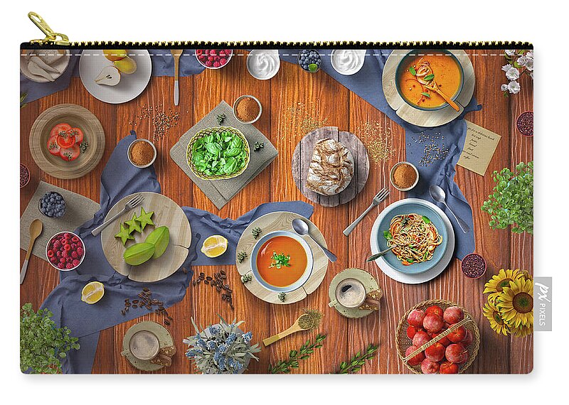 Pear Zip Pouch featuring the photograph Welcome To My Hot Soup Pasta Bread And Fruit Lunch Table by Johanna Hurmerinta