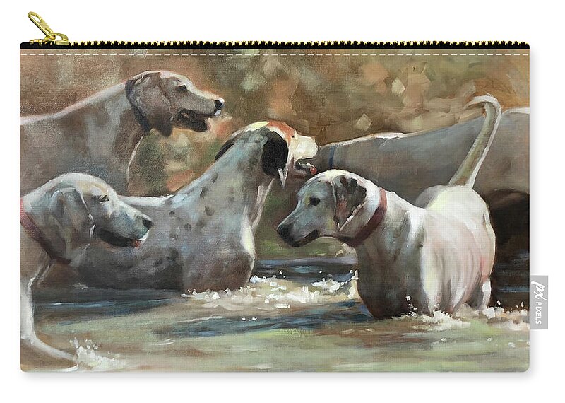 Hounds Dogs Dog Foxhunt Foxhounds Hunt Water Wading Playing Contemporary Art Painting Realism Zip Pouch featuring the painting Well Hello by Susan Bradbury