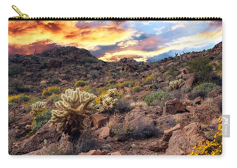 Golden Mountain Desert Saguaro Cactus Orange Sky Rock Cliffs Sunset Fstop101 Zip Pouch featuring the photograph West Tucson Mountain Sunset by Geno