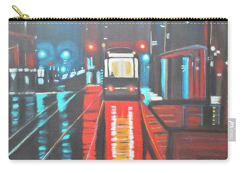 Tram Zip Pouch featuring the painting Wet Tram landscape by Manjiri Kanvinde