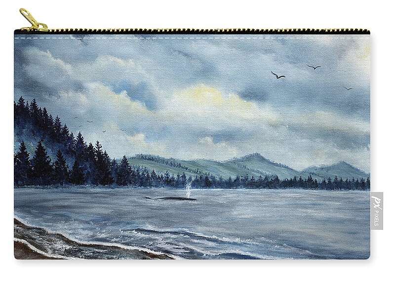 Oregon Zip Pouch featuring the painting Whale Spouting at Depoe Bay by Laura Iverson