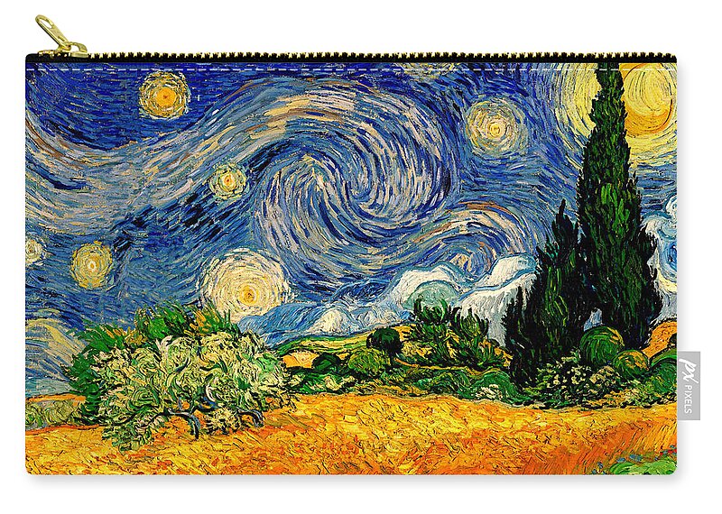 Wheat Field With Cypresses Zip Pouch featuring the digital art Wheat Field with Cypresses under a Starry Night - warm colors digital recreation by Nicko Prints