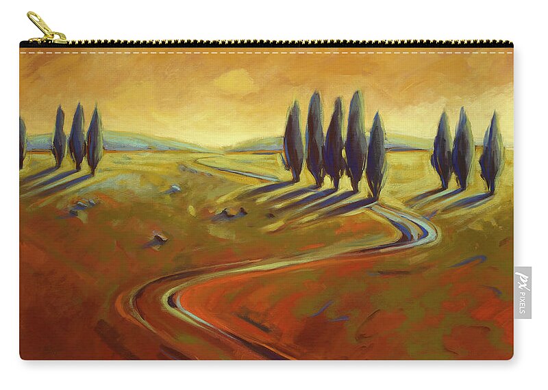 Cypress Trees Sunset Contemporary Landscape Zip Pouch featuring the painting Where The Evening Begins 3 by Konnie Kim