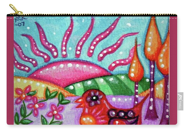 Whimsical Bird Landscape Zip Pouch featuring the painting Whimsical Bird and Landscape by Monica Resinger