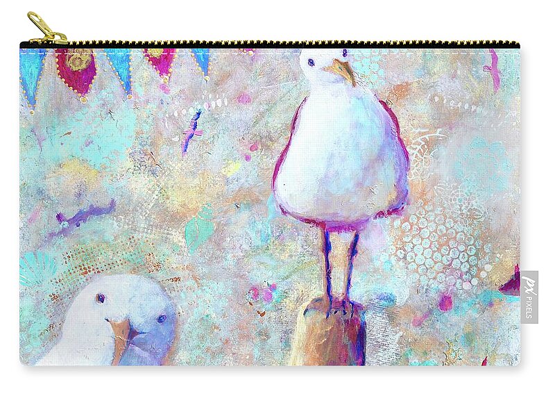 Seagulls Zip Pouch featuring the painting Whimsical Colorful Seagulls by Patty Kay Hall