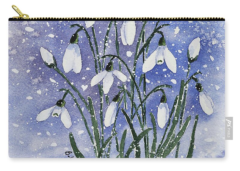 Watercolor Zip Pouch featuring the painting Whimsical Snowdrops by Barbara West