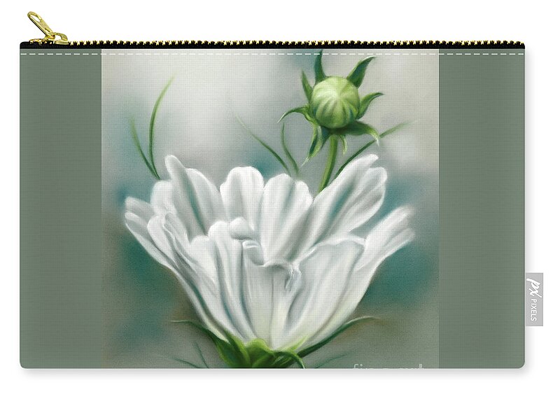 Botanical Zip Pouch featuring the painting White Cosmos Flower and Bud by MM Anderson