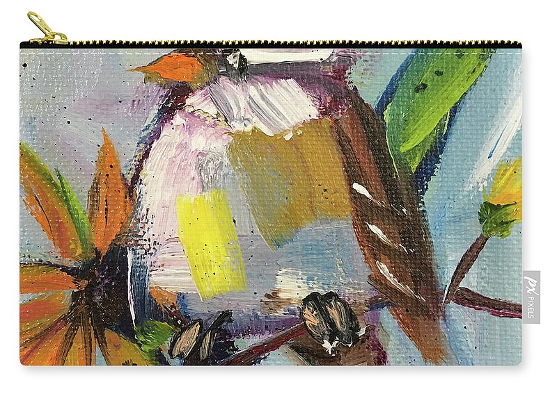 Sparrow Zip Pouch featuring the painting White Crowned Sparrow on a Sunflower by Roxy Rich
