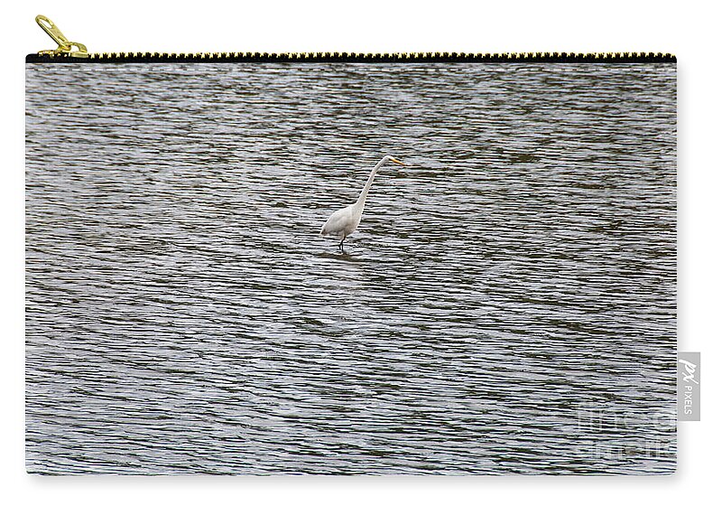 American Egret Zip Pouch featuring the photograph White Egret in Rippled Shallows by Mark Roger Bailey