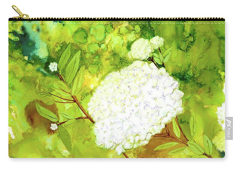 Hydrangea Zip Pouch featuring the painting White Hydrangea Alcohol Ink Painting by Deborah League