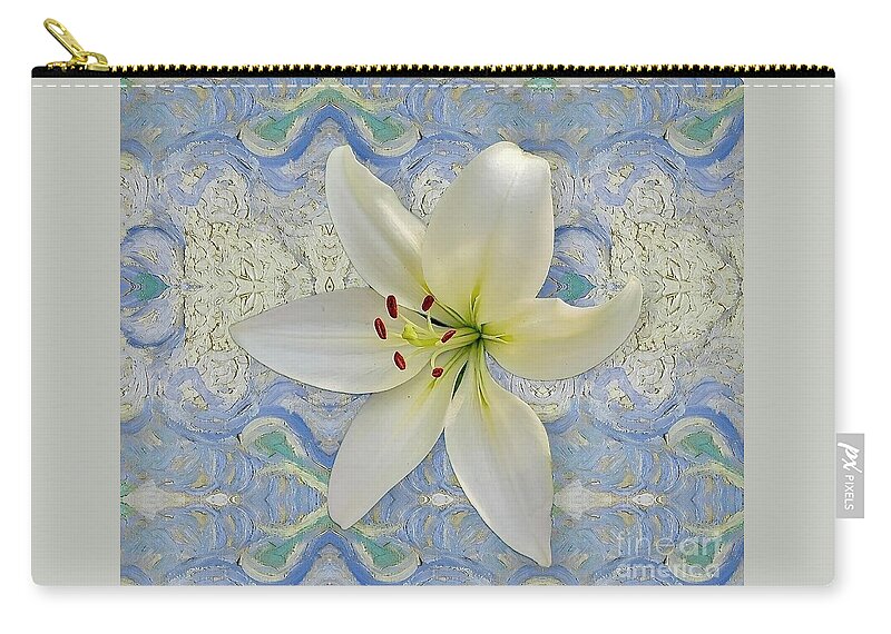 Art Zip Pouch featuring the photograph White Lily on Blue by Jeannie Rhode