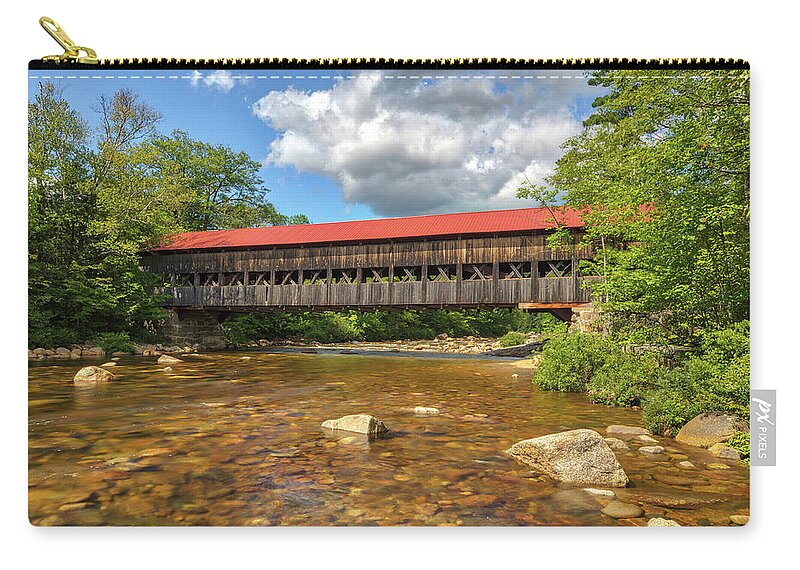 Visit White Mountain National Forest Zip Pouch featuring the photograph White Mountain National Forest Lower Falls Albnay Covered Bridge by Juergen Roth