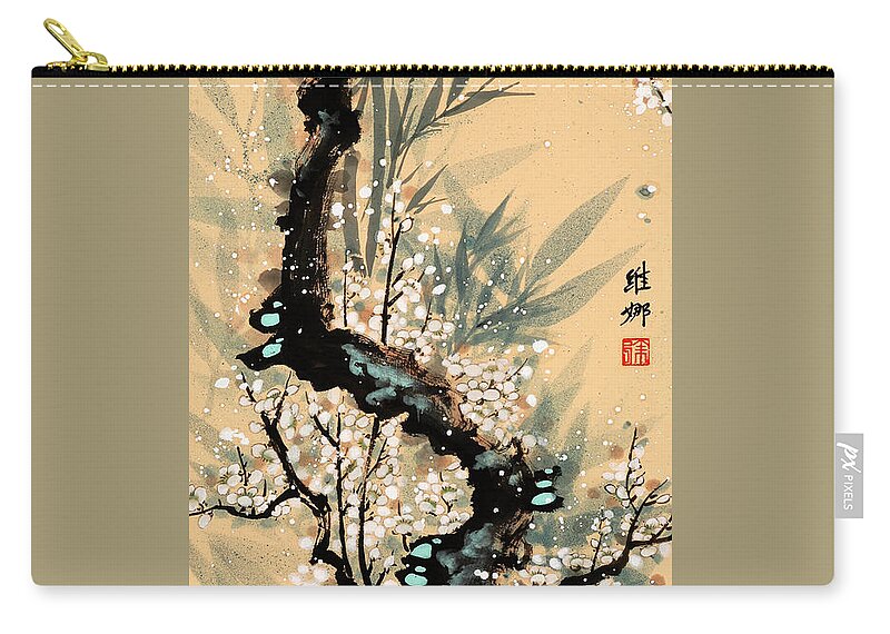 Bamboo Zip Pouch featuring the painting White Plums by Vina Yang