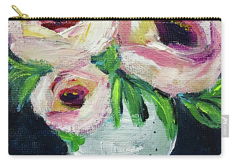 Roses Zip Pouch featuring the painting White Roses in a White Vase by Roxy Rich