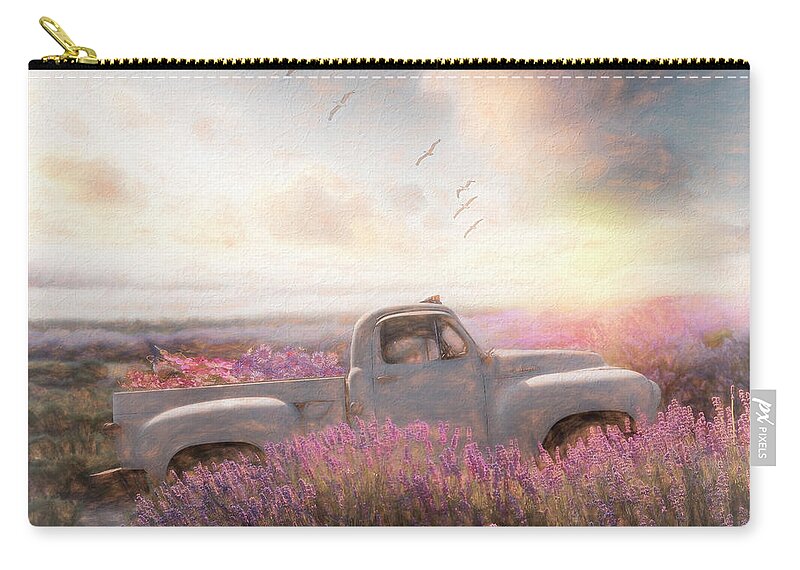 Barn Zip Pouch featuring the photograph White Truck in the Flower Fields Painting by Debra and Dave Vanderlaan