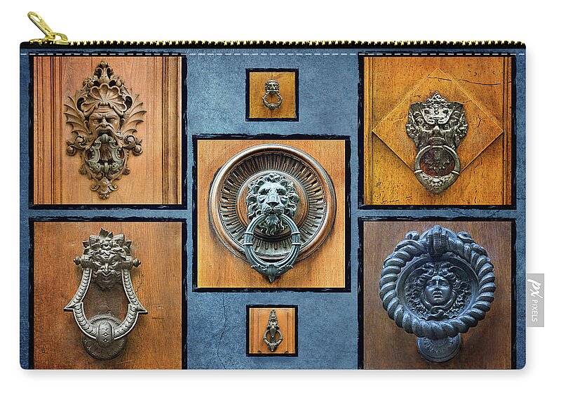 Door Knockers Zip Pouch featuring the photograph Italian Door Knocker Collage 2 by Jill Love