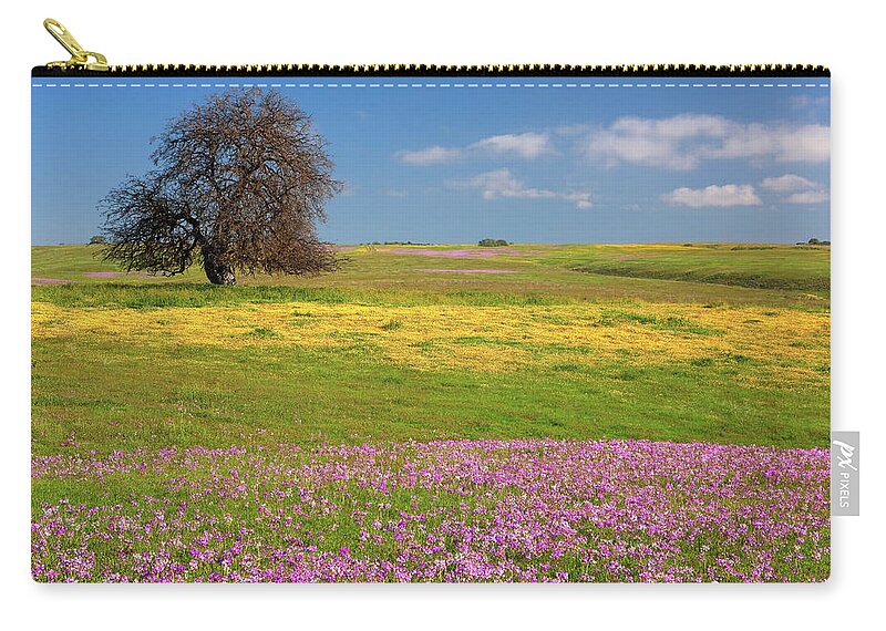California Wildflowers Zip Pouch featuring the photograph Wildflowers and Oak Tree - Spring in Central California by Ram Vasudev